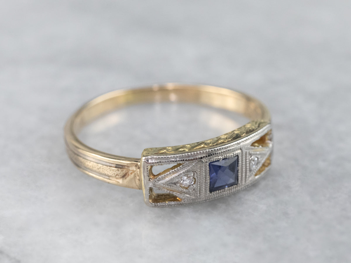 Art Deco Sapphire Diamond Two Tone Gold Band