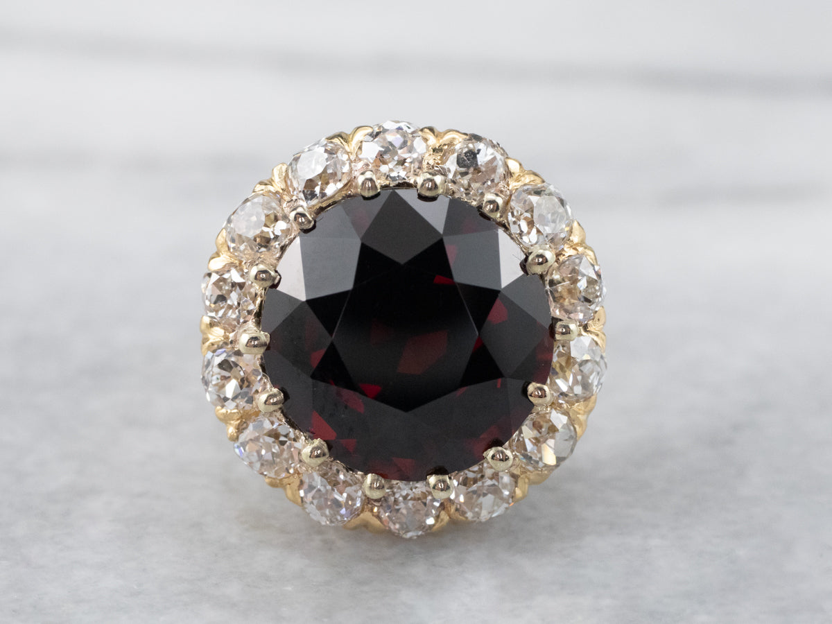 Garnet Diamond Halo Gold Statement Ring