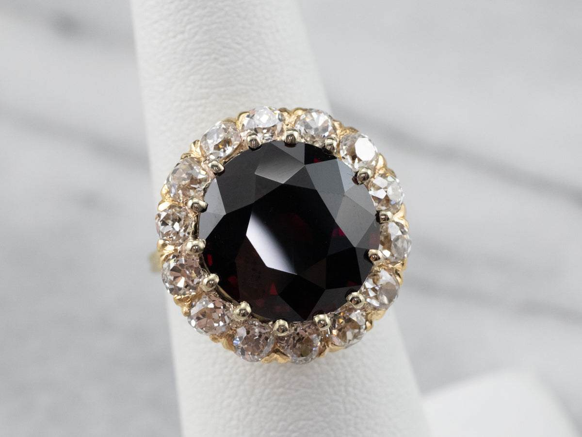 Garnet Diamond Halo Gold Statement Ring