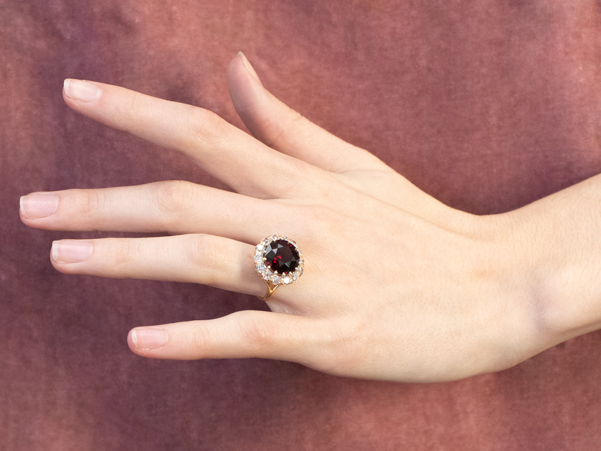 Garnet Diamond Halo Gold Statement Ring