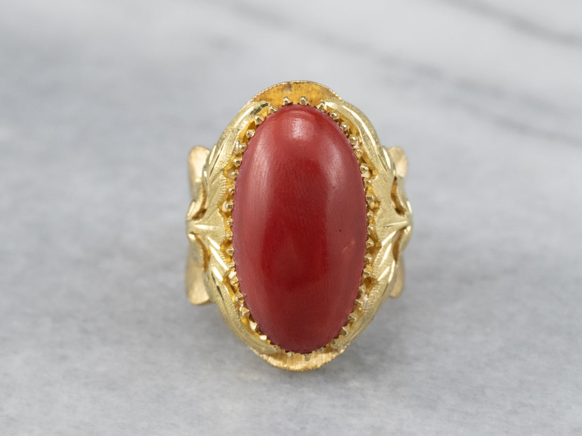 Ornate Coral 18K Gold Statement Ring