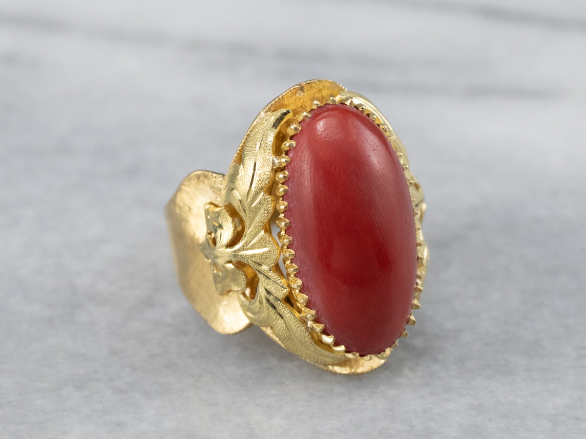 Ornate Coral 18K Gold Statement Ring