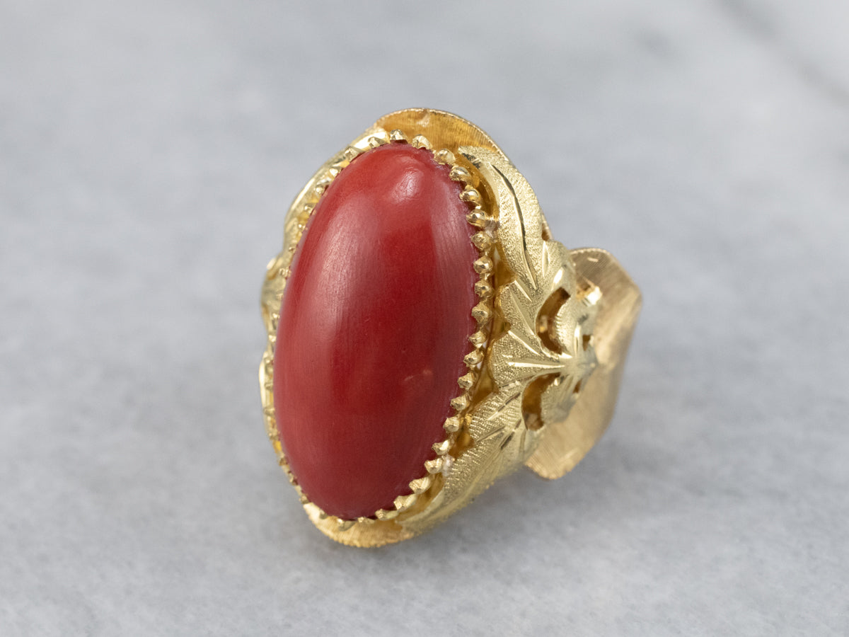 14k Solid Gold Italian Red Coral Gemstone Anniversary Statement Ring For  Women's | eBay