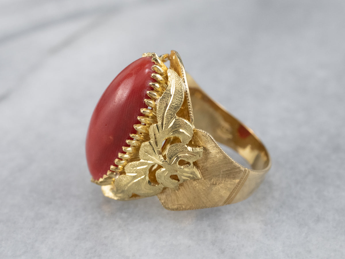 Ornate Coral 18K Gold Statement Ring