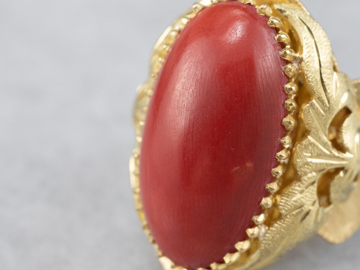 Ornate Coral 18K Gold Statement Ring
