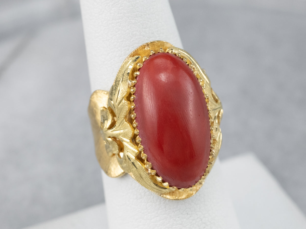 Fine Designer 14K Solid Gold Red Coral Marquise Halo Pave Diamond Ring |  Native American Jewelry