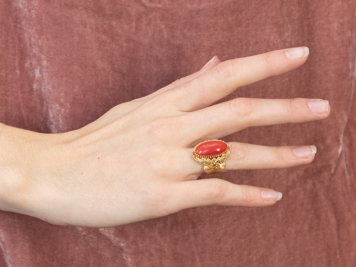 Ornate Coral 18K Gold Statement Ring
