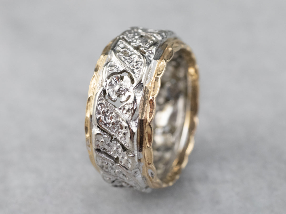 Unisex Patterned Two Tone Gold Band