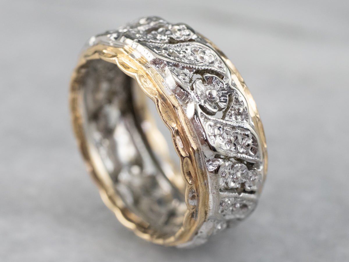 Unisex Patterned Two Tone Gold Band