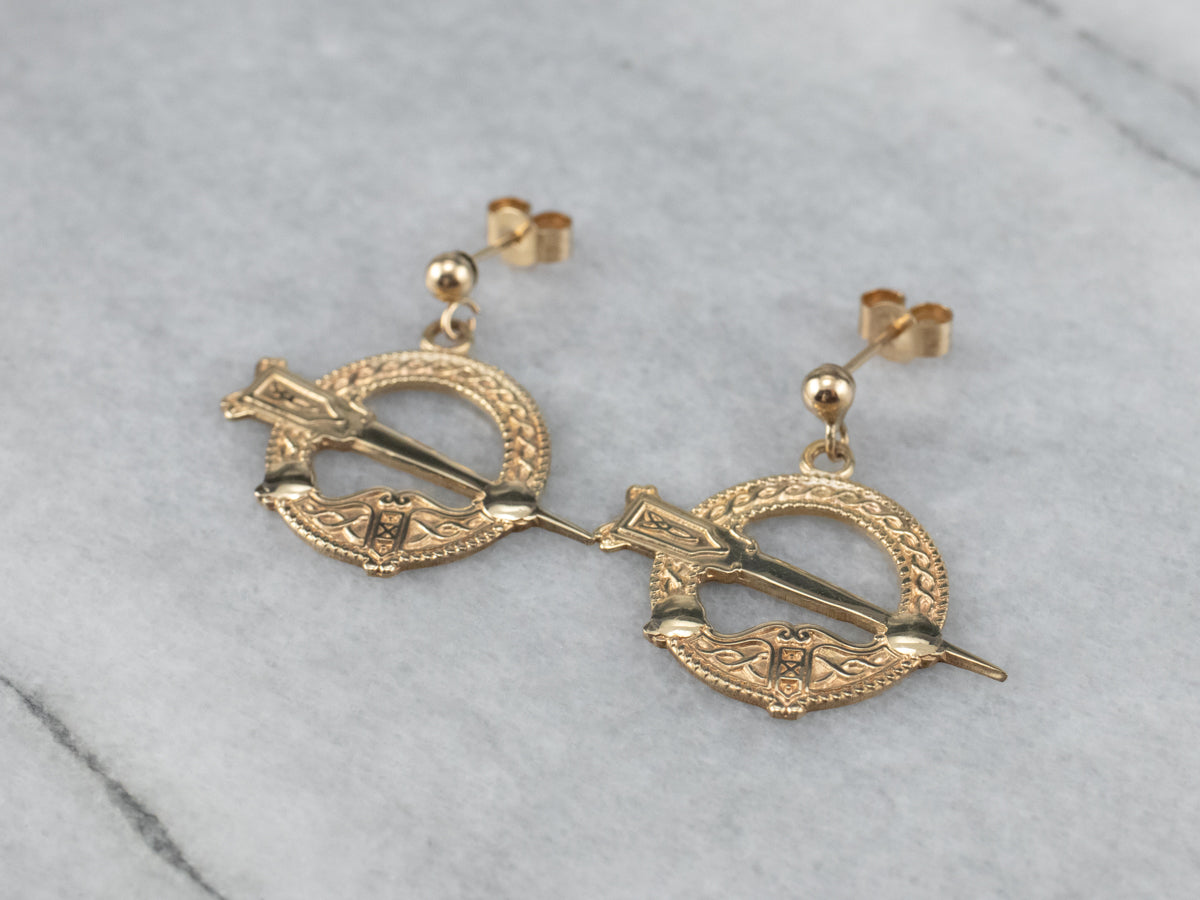 Celtic Tara Symbol Gold Drop Earrings