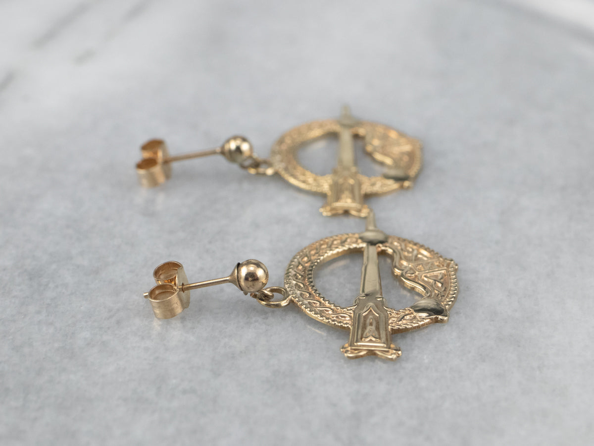 Celtic Tara Symbol Gold Drop Earrings