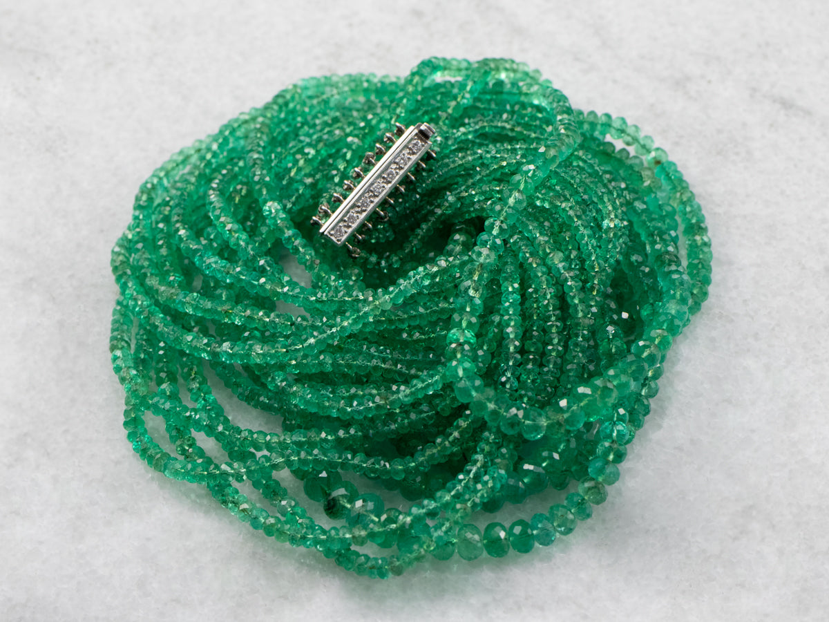 High Quality Beaded Emerald Necklace with Platinum and Diamonds