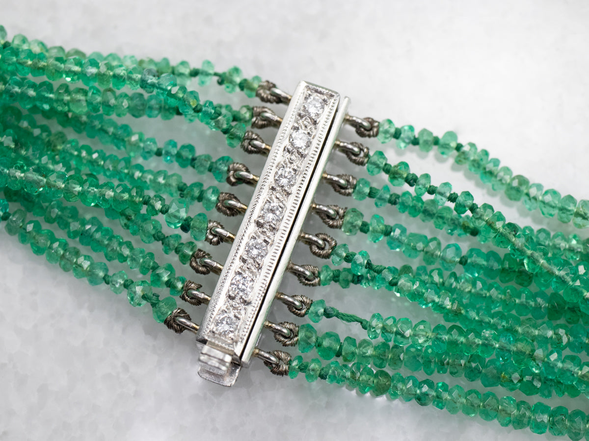 High Quality Beaded Emerald Necklace with Platinum and Diamonds