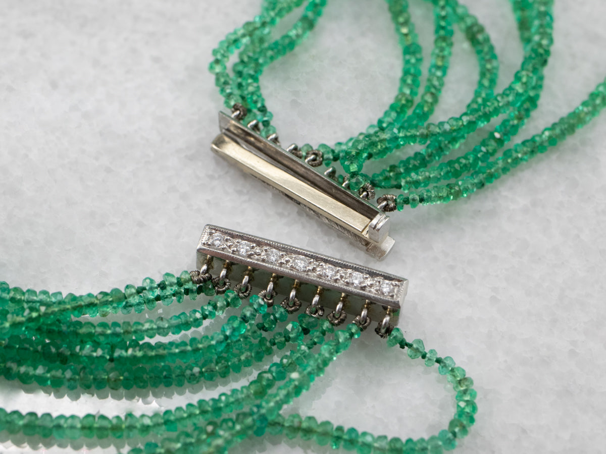 High Quality Beaded Emerald Necklace with Platinum and Diamonds