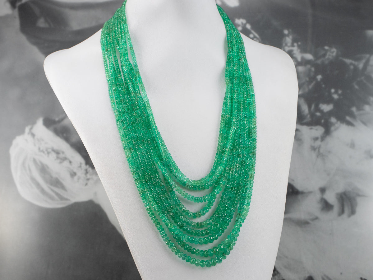 High Quality Beaded Emerald Necklace with Platinum and Diamonds