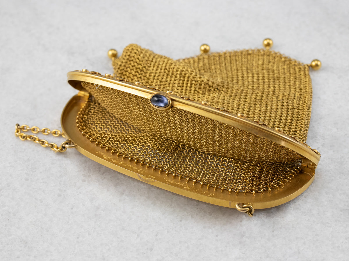 Antique Mesh Gold Synthetic Sapphire and Diamond Purse