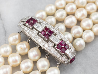 Retro Era Culture Pearl Ruby and Diamond Necklace