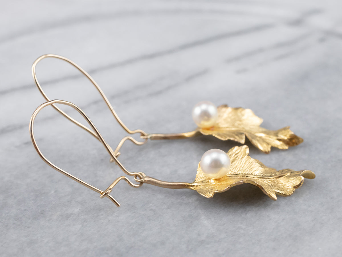 Pearl Gold Leaf Drop Earrings