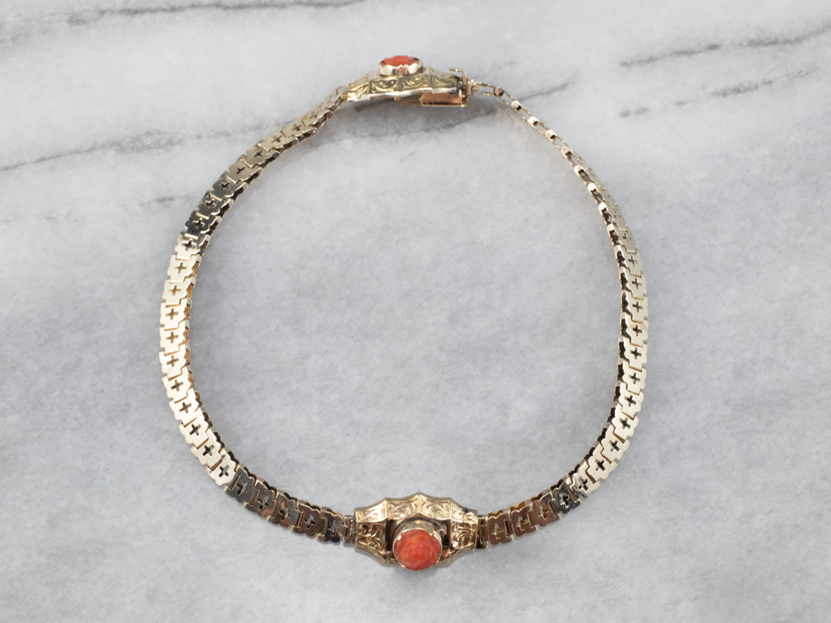 Victorian Revival Coral Repousse Gold Link Bracelet