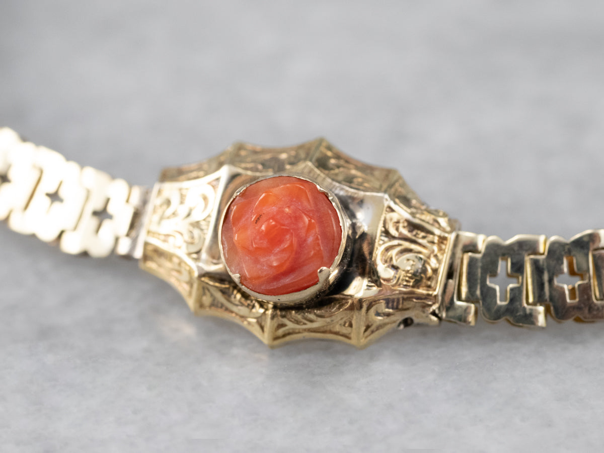 Victorian Revival Coral Repousse Gold Link Bracelet
