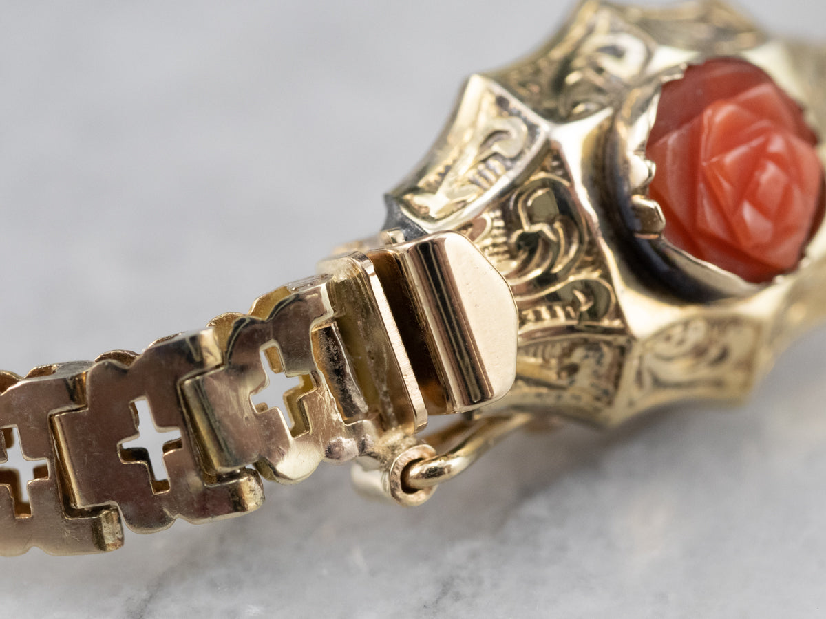 Victorian Revival Coral Repousse Gold Link Bracelet
