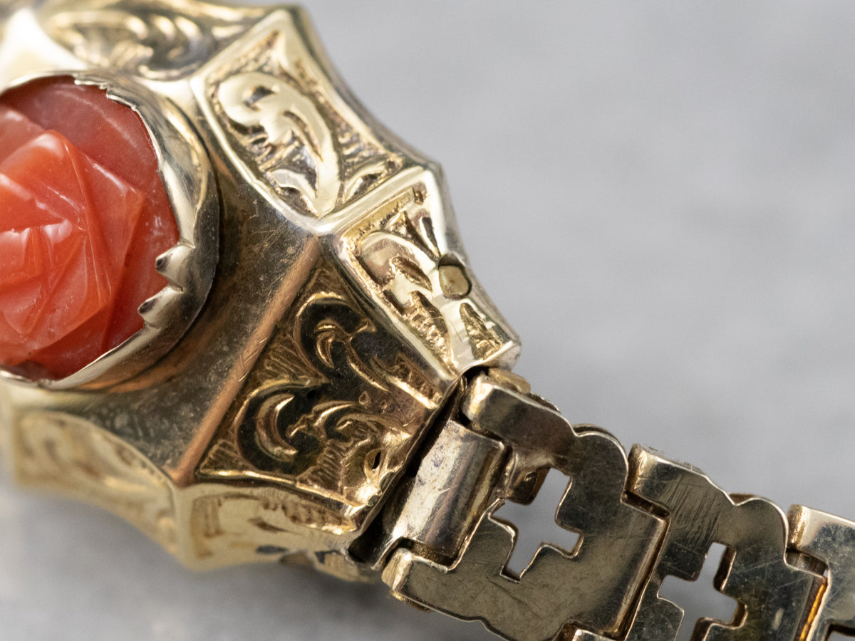 Victorian Revival Coral Repousse Gold Link Bracelet
