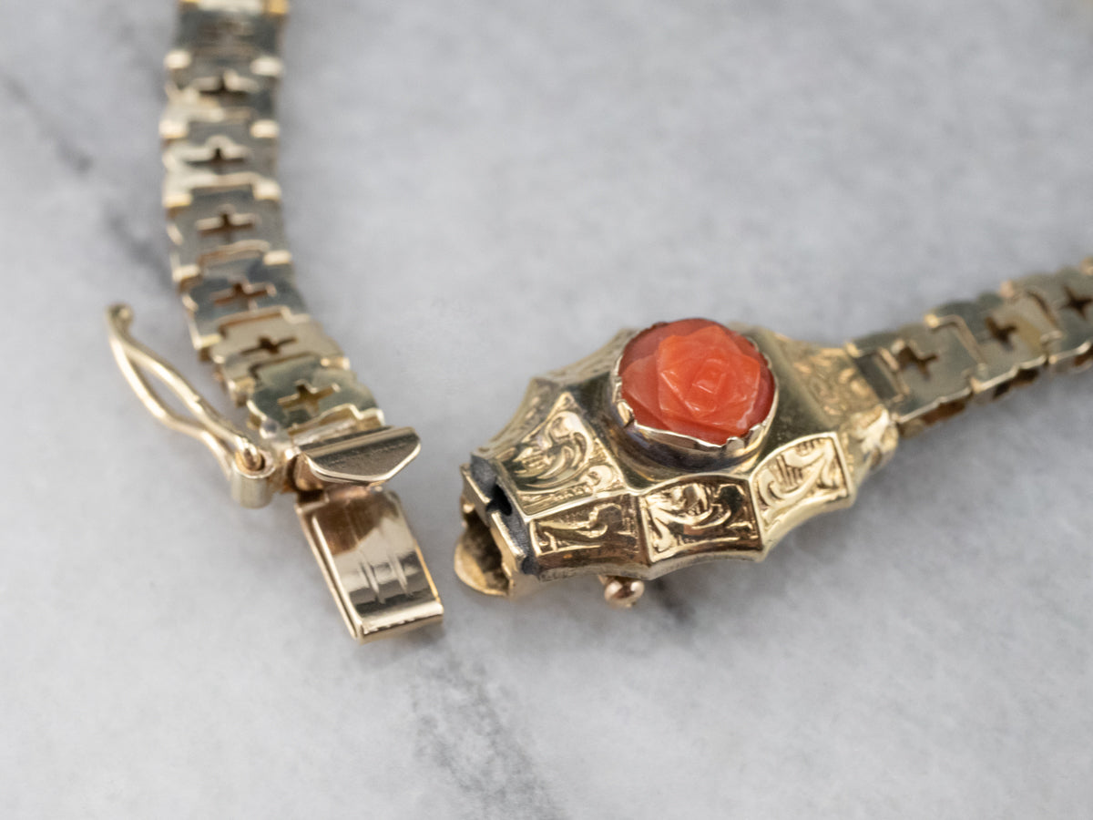 Victorian Revival Coral Repousse Gold Link Bracelet