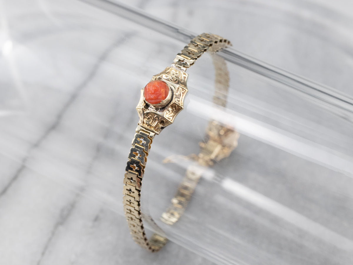 Victorian Revival Coral Repousse Gold Link Bracelet