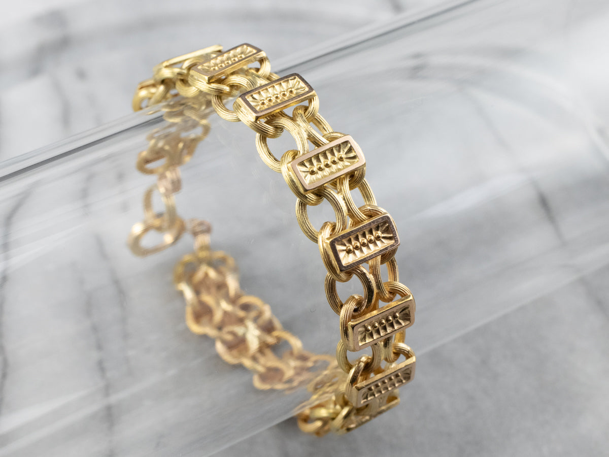 Decorative 18K Gold Bar Link Bracelet