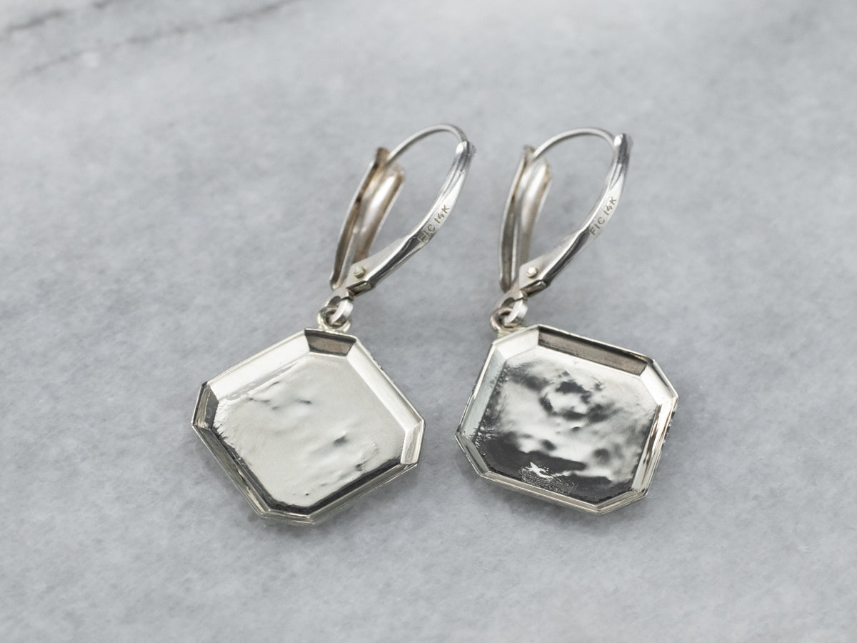 Square Disk White Gold Drop Earrings