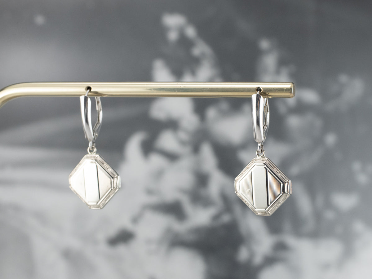 Square Disk White Gold Drop Earrings
