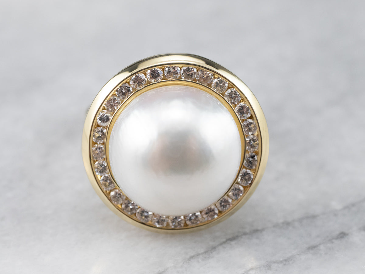 Mabe Pearl and Diamond Halo Cocktail Ring