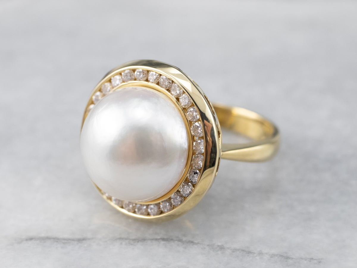Mabe Pearl and Diamond Halo Cocktail Ring
