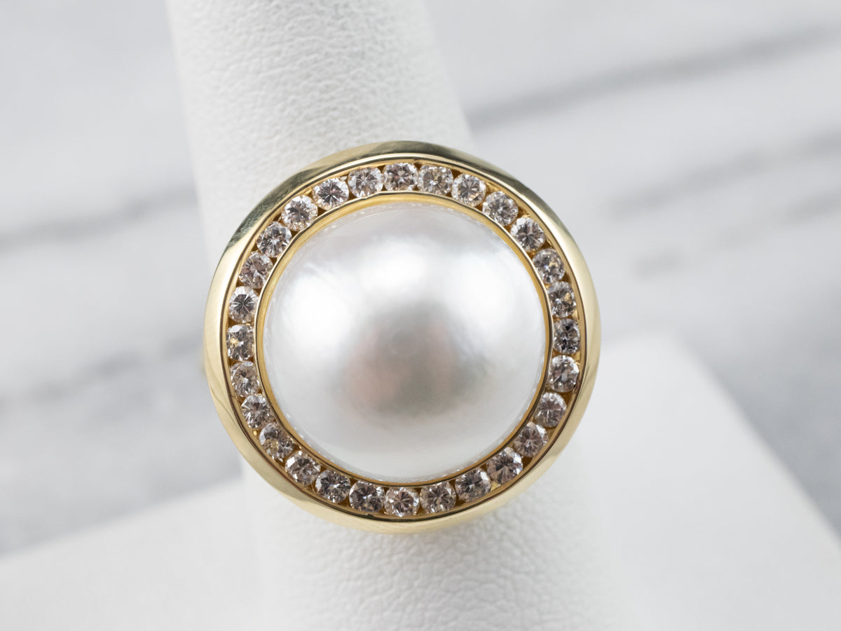 Mabe Pearl and Diamond Halo Cocktail Ring