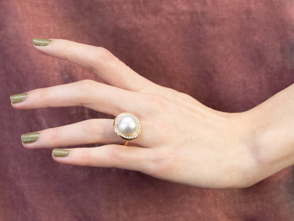 Mabe Pearl and Diamond Halo Cocktail Ring