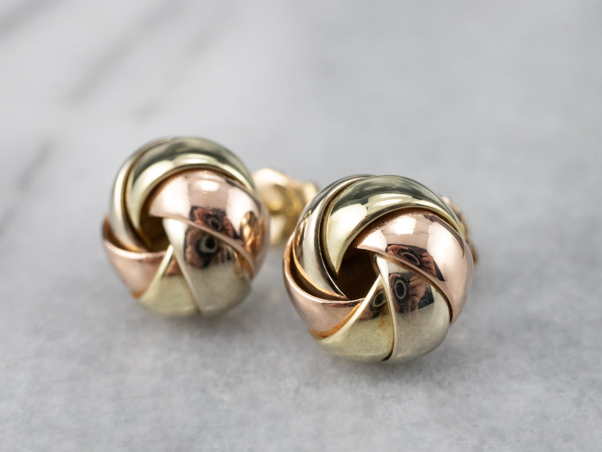 Tri Color Gold Knot Stud Earrings