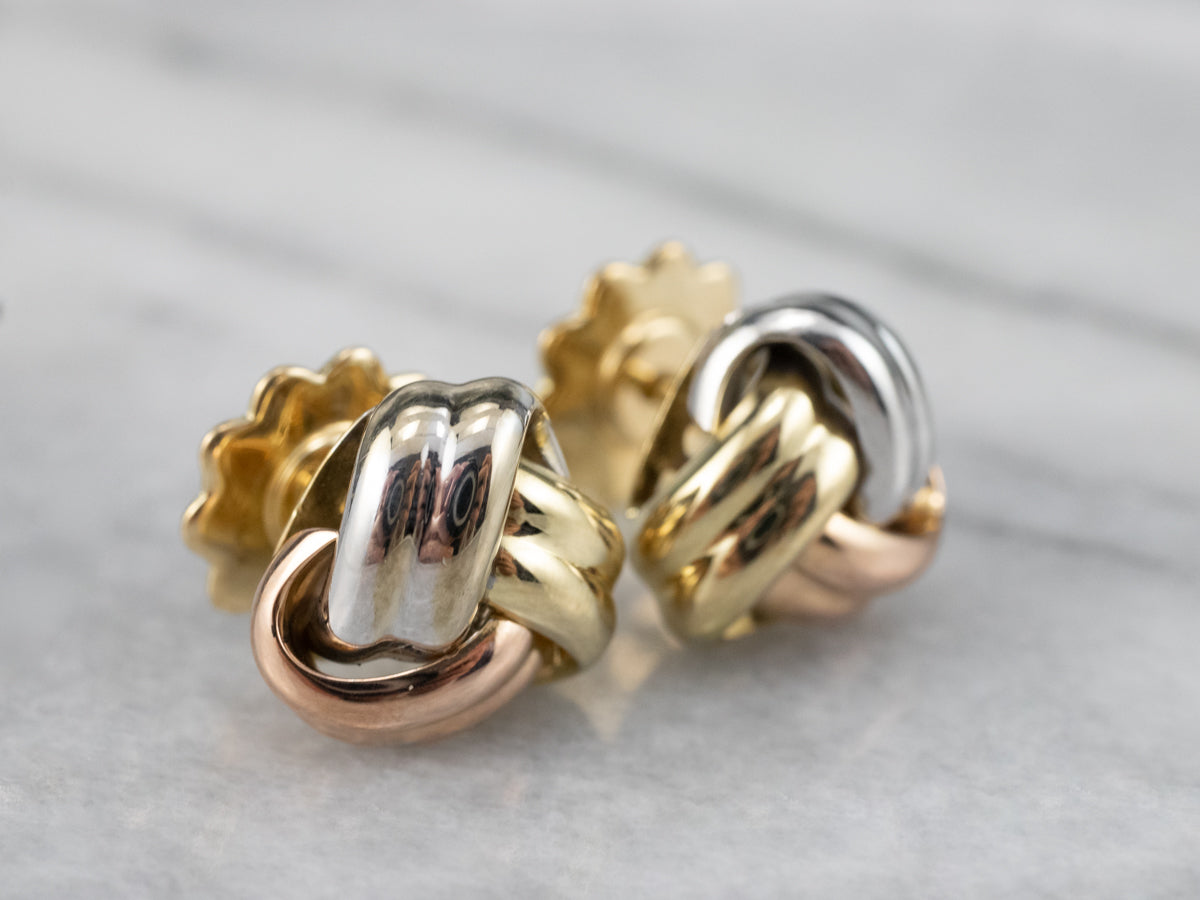 Tri Color Gold Knot Stud Earrings