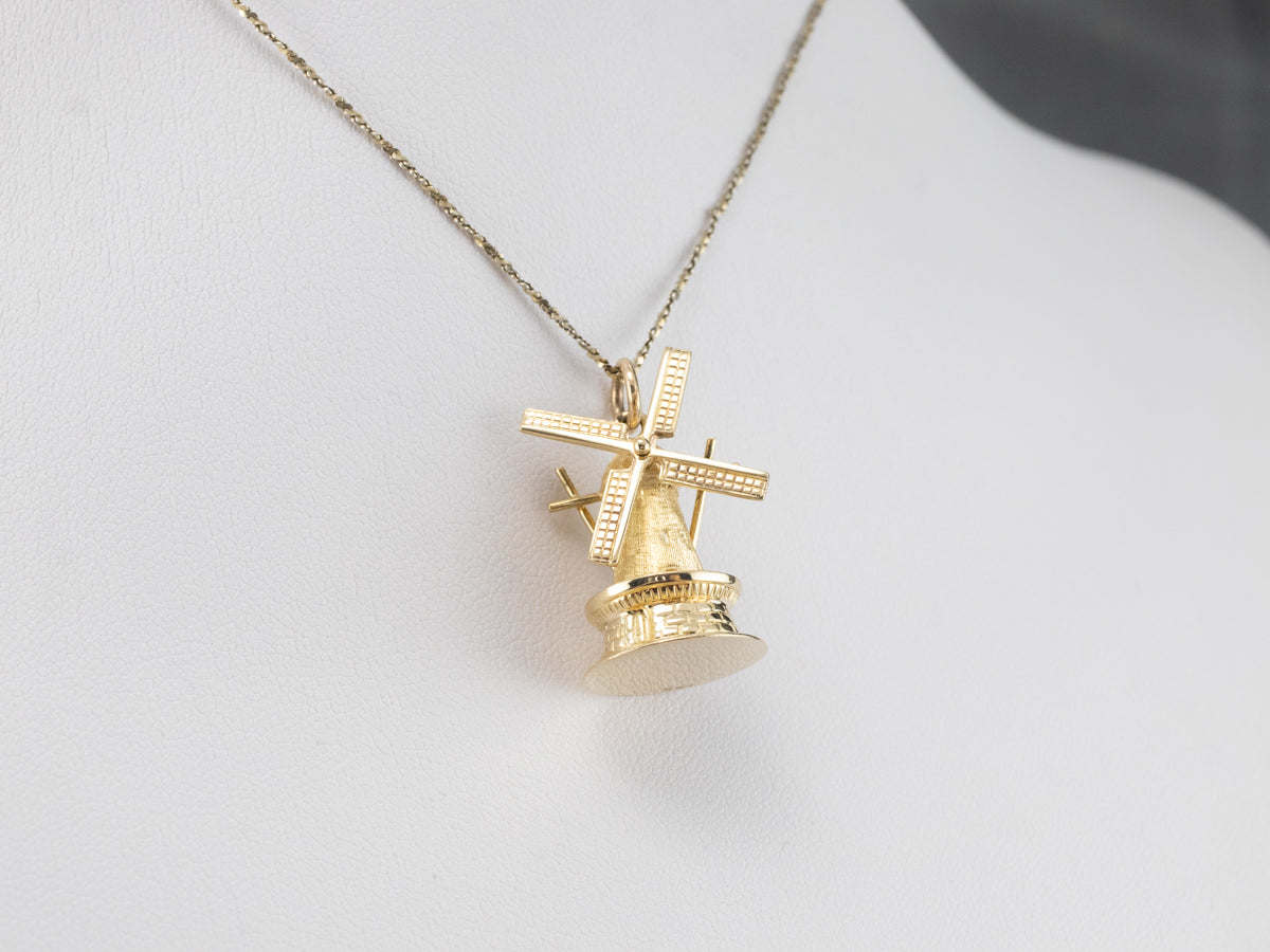 Large Moving Windmill Gold Pendant