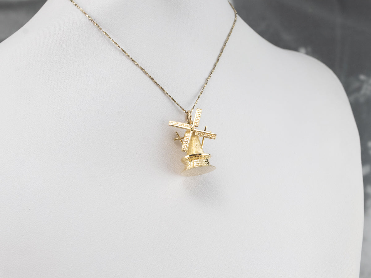 Large Moving Windmill Gold Pendant