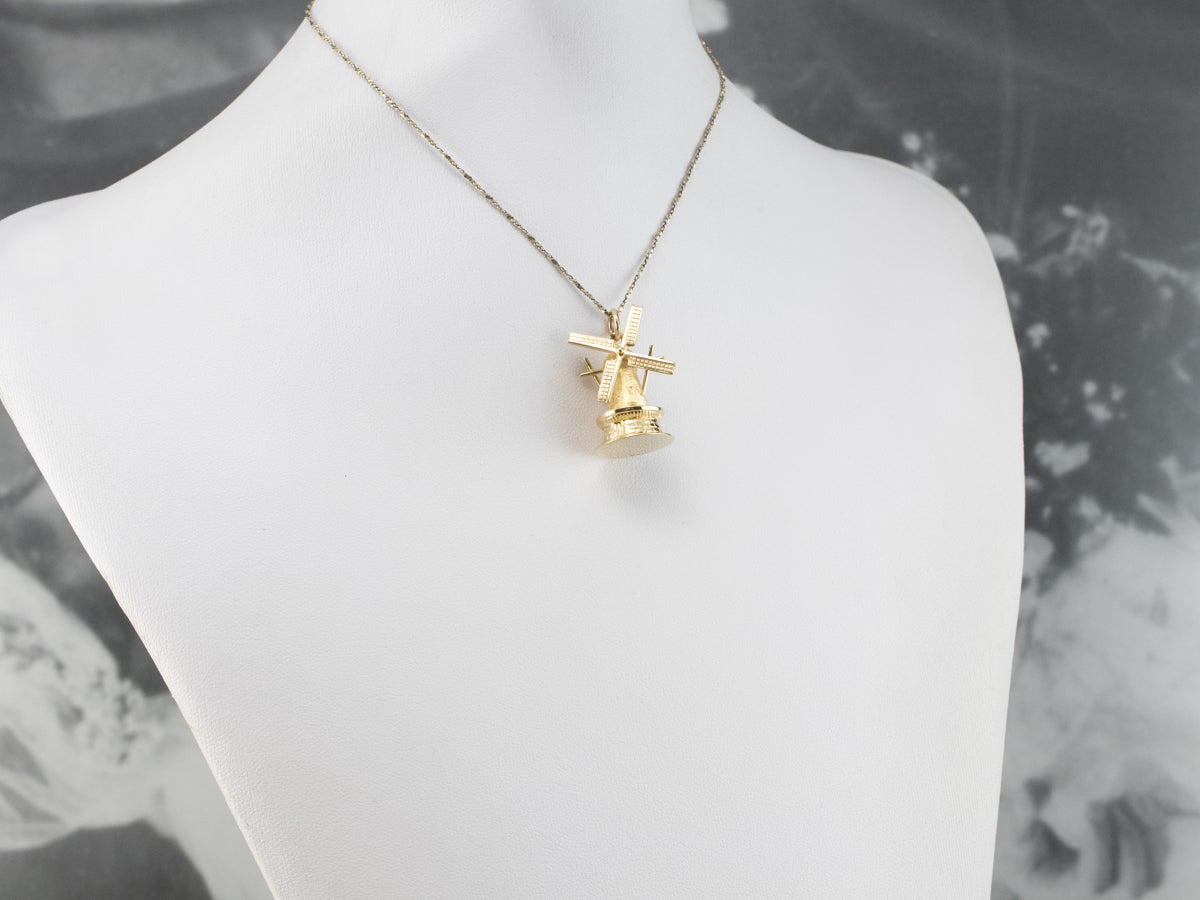 Large Moving Windmill Gold Pendant
