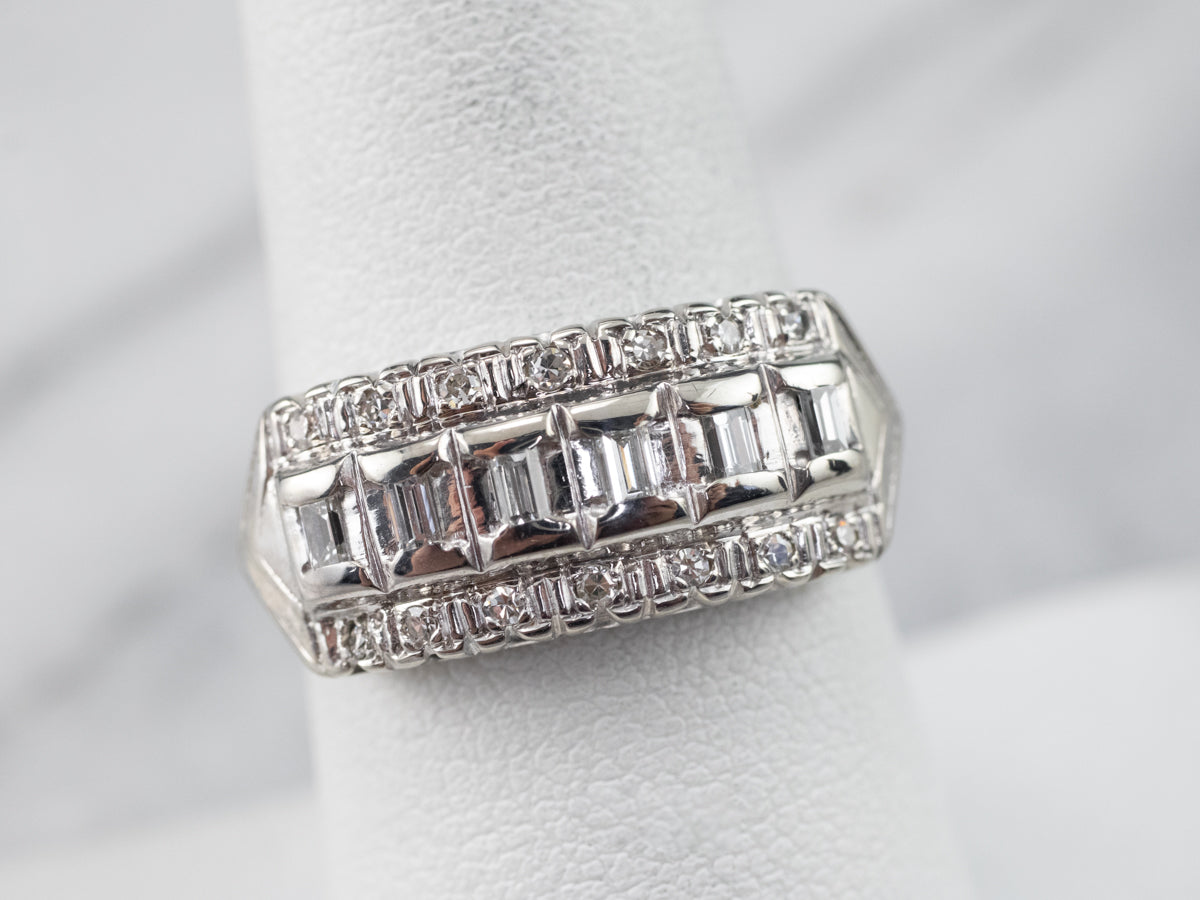 Three Row Diamond White Gold Band
