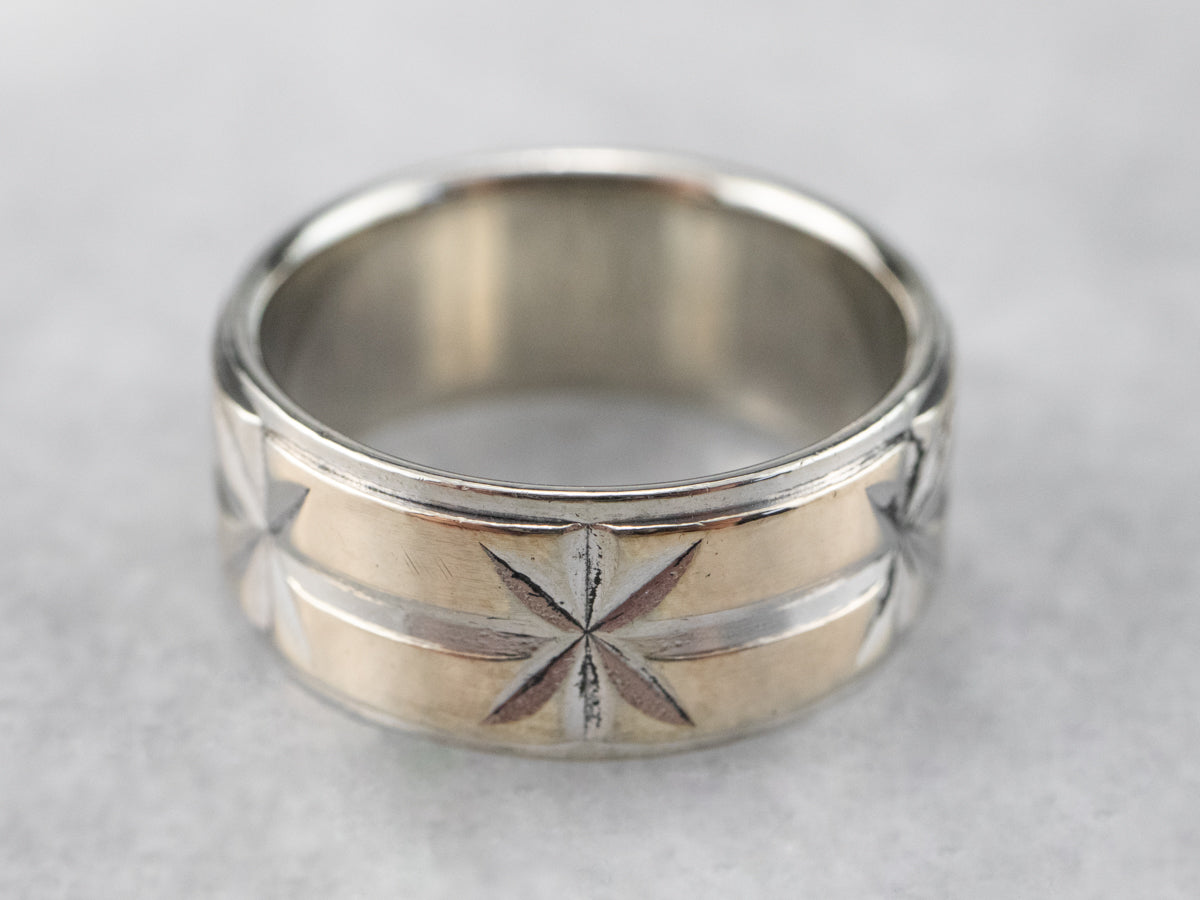 Two Tone Gold Star Patterned Band Ring