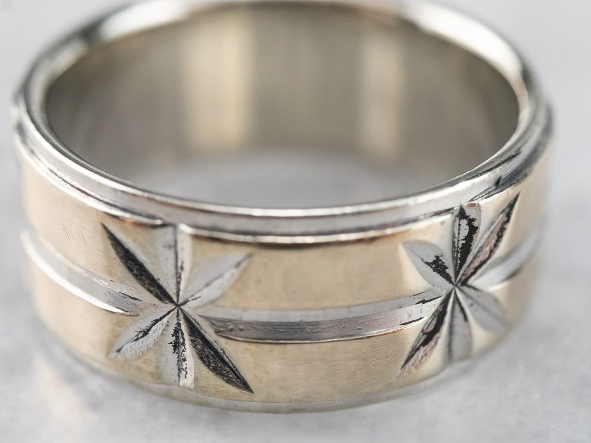 Two Tone Gold Star Patterned Band Ring