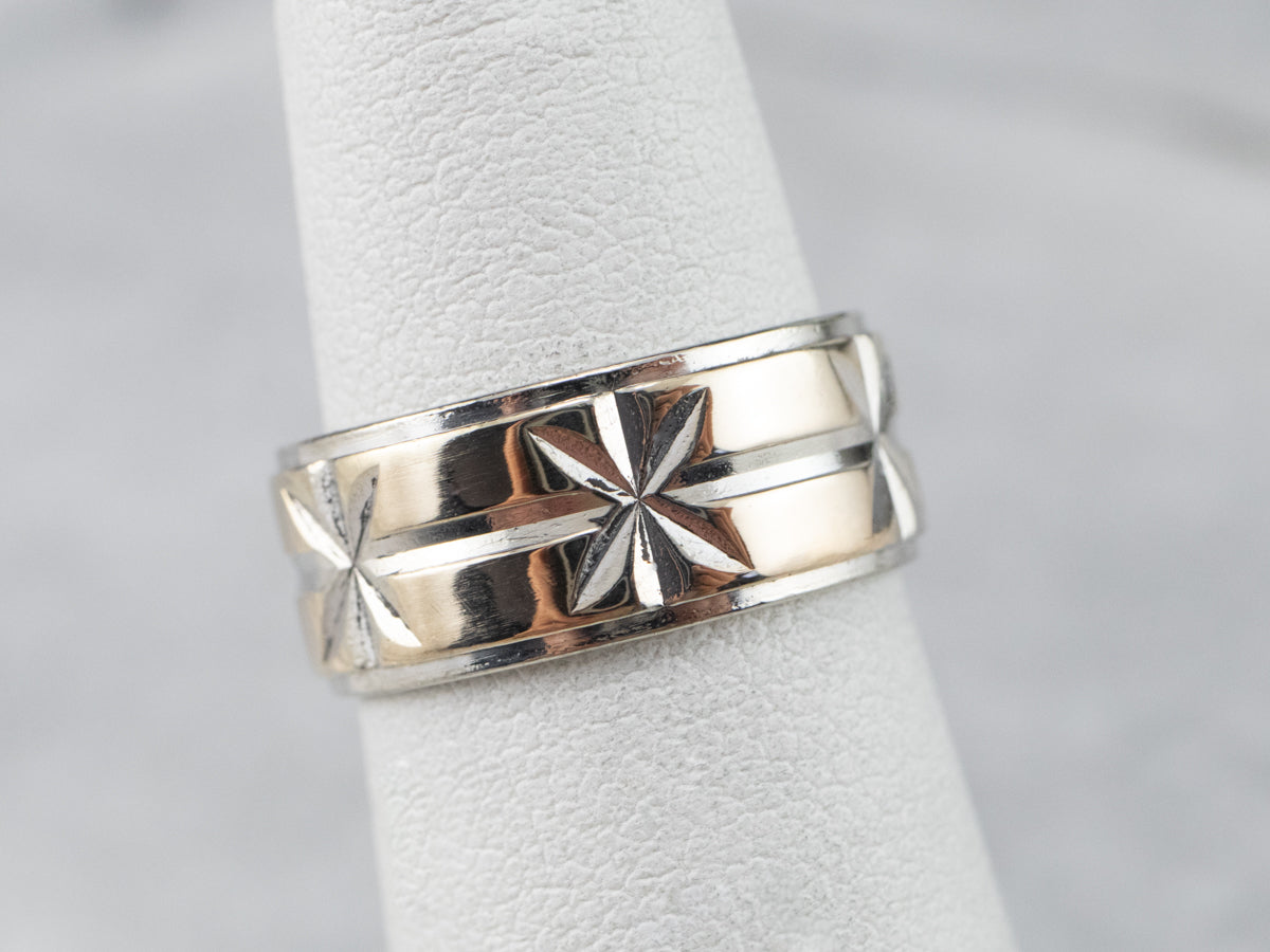 Two Tone Gold Star Patterned Band Ring