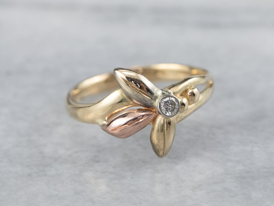 Tri-Color Gold Diamond Flower Ring