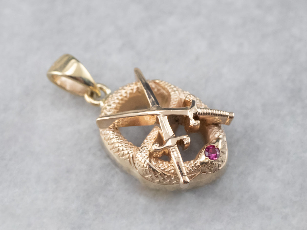 Vintage Theta Chi Ruby Snake and Crossed Swords Pendant