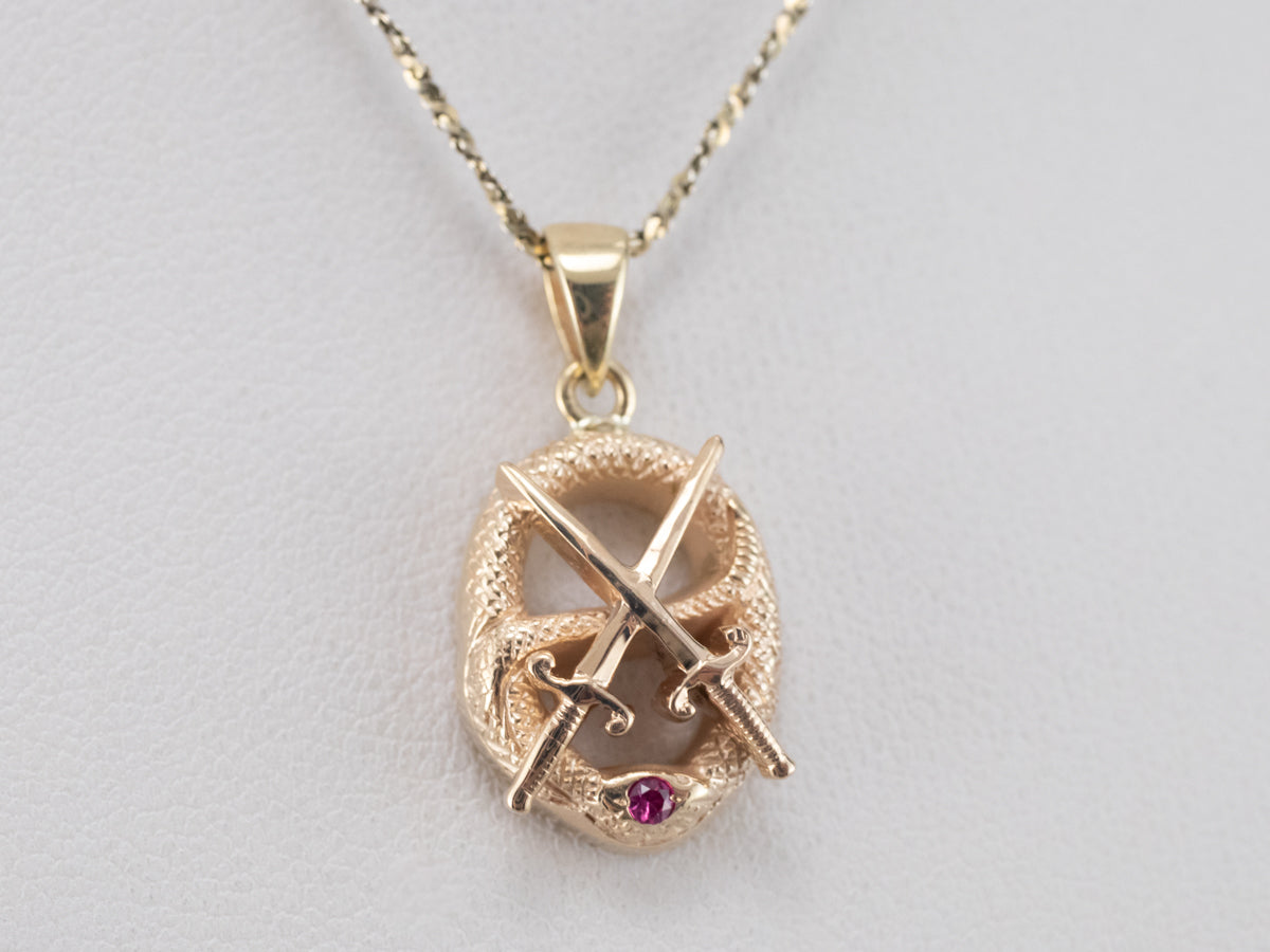 Vintage Theta Chi Ruby Snake and Crossed Swords Pendant