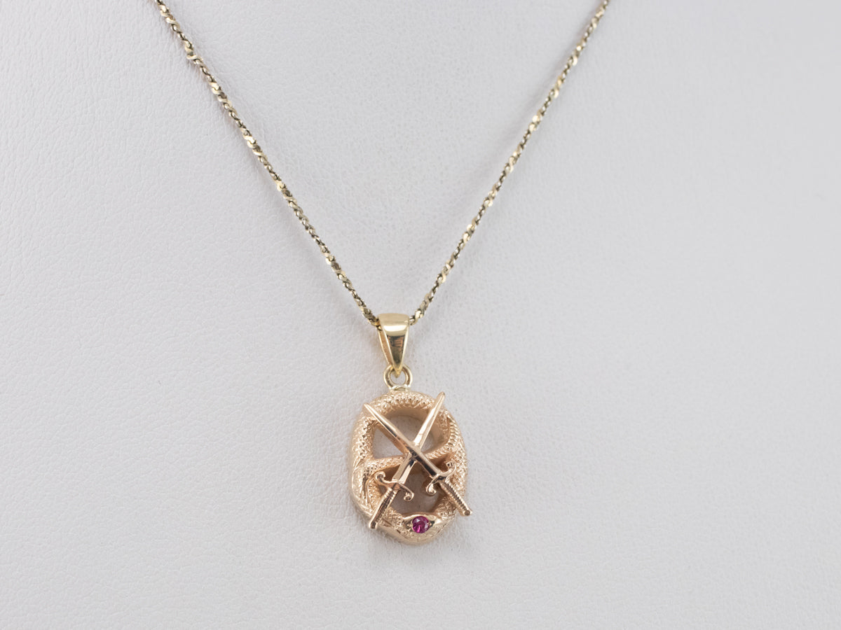 Vintage Theta Chi Ruby Snake and Crossed Swords Pendant
