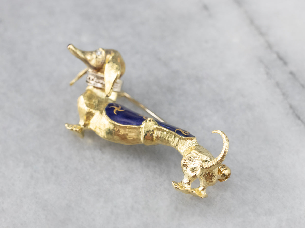 Dachshund Diamond and Enamel Brooch