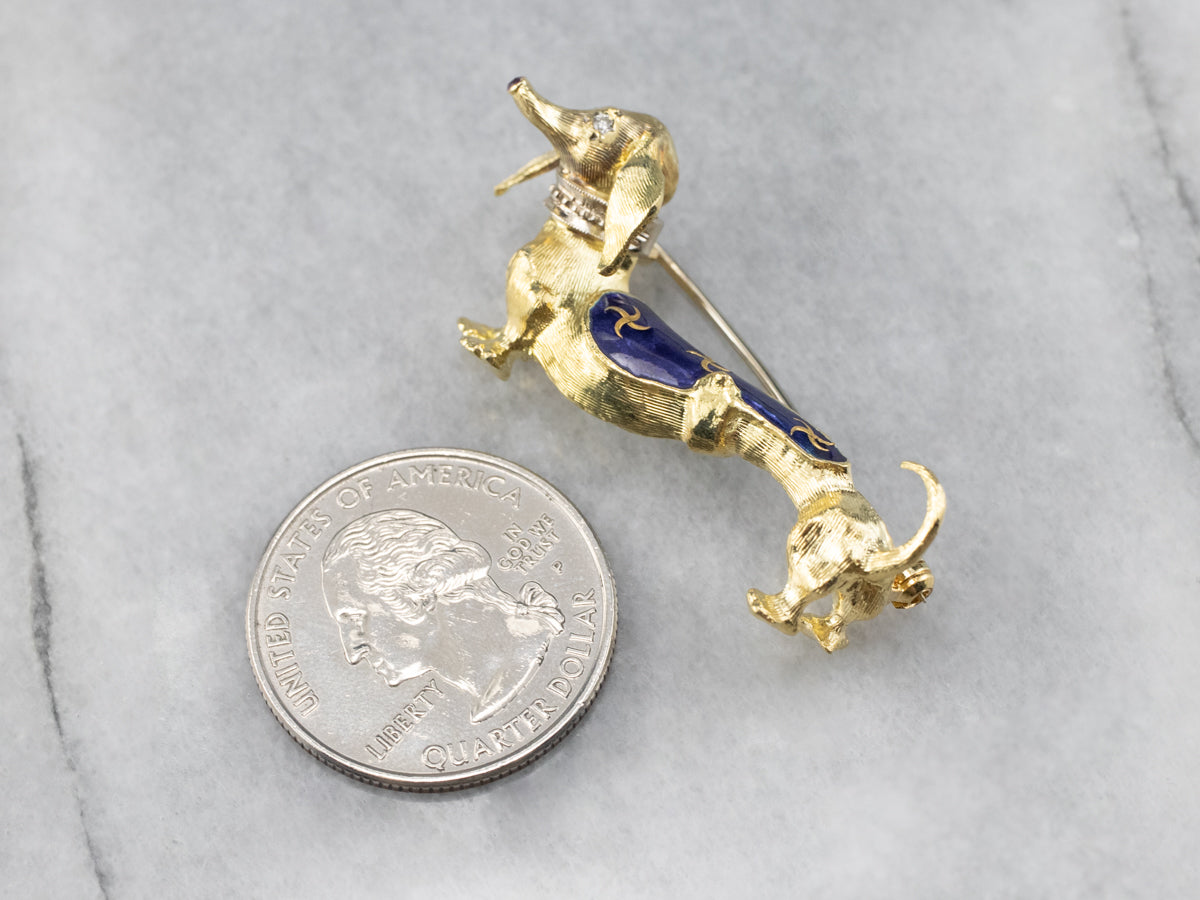 Dachshund Diamond and Enamel Brooch